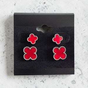 Red Stainless Steel Clover Earrings - 2 Pairs